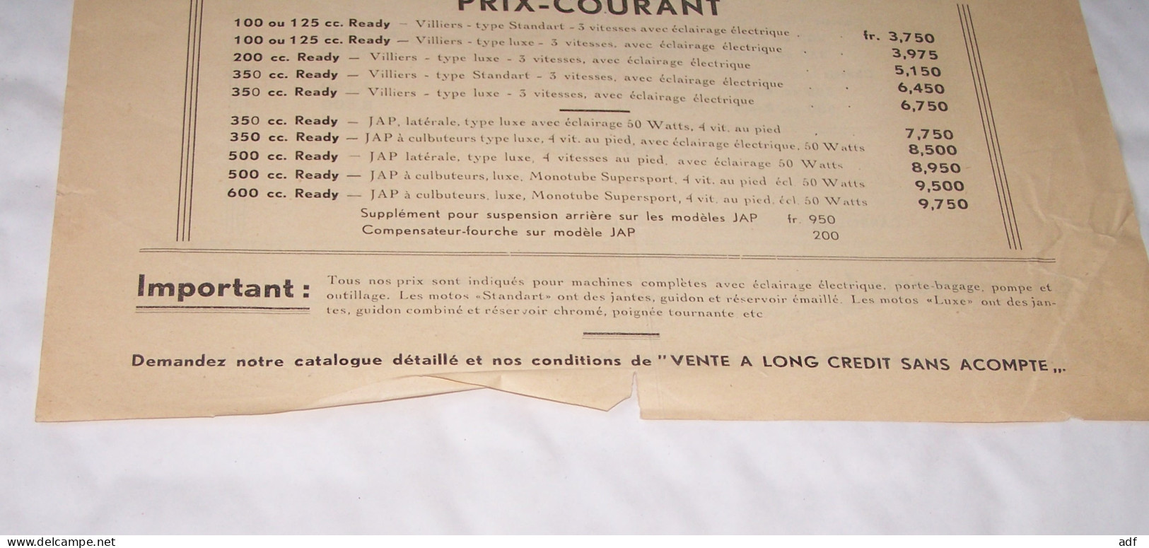 PRIX COURANT MOTOS READY CHAUSSEE DE MONS, BRUXELLES, VILLIERS STANDART, LUXE, JAP - Motorräder