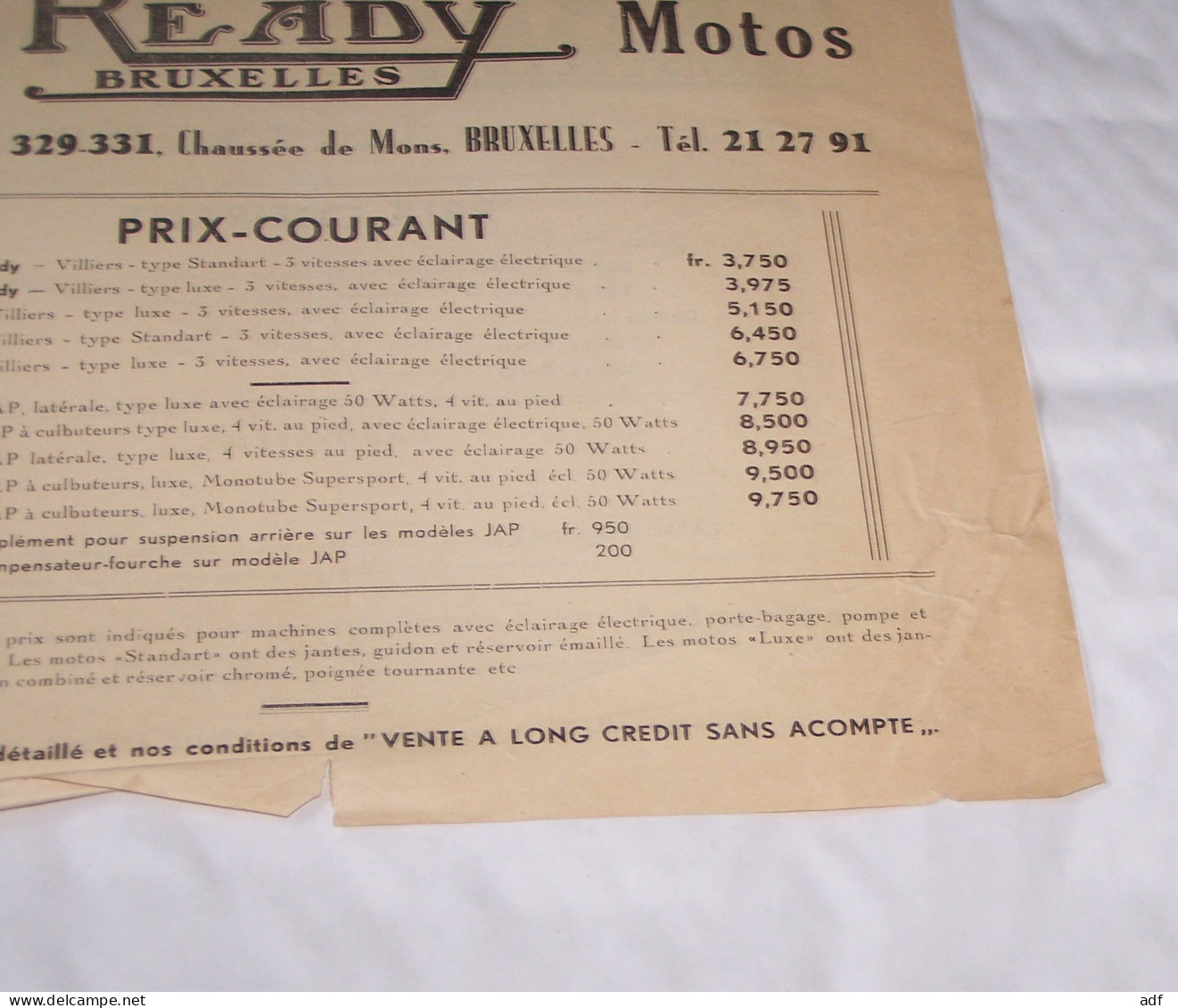 PRIX COURANT MOTOS READY CHAUSSEE DE MONS, BRUXELLES, VILLIERS STANDART, LUXE, JAP