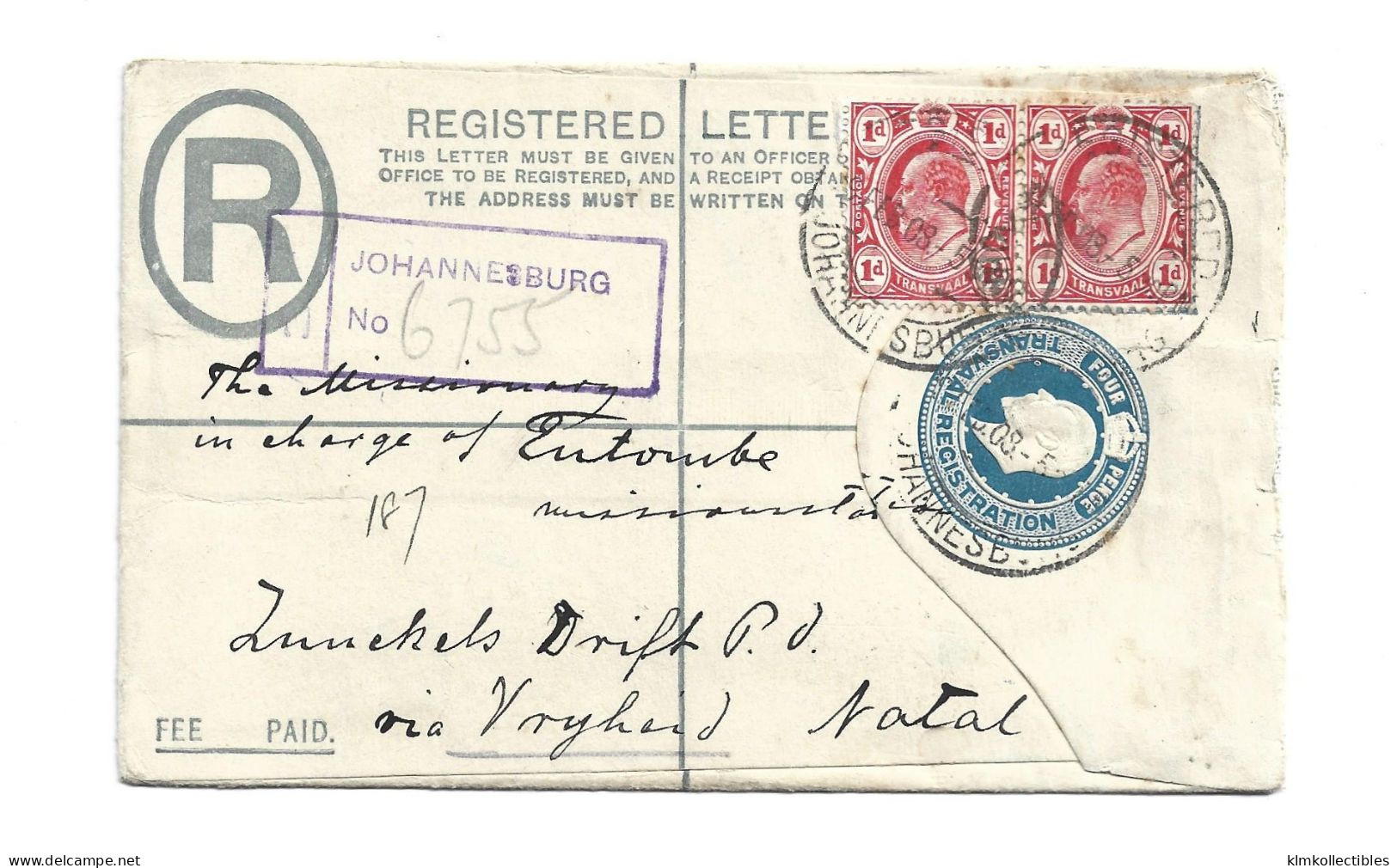 GREAT BRITAIN UNITED KINGDOM ENGLAND COLONIES - SOUTH AFRICA SUD AFRIKA TRANSVAAL NATAL - 1908 REG COVER - Transvaal (1870-1909)