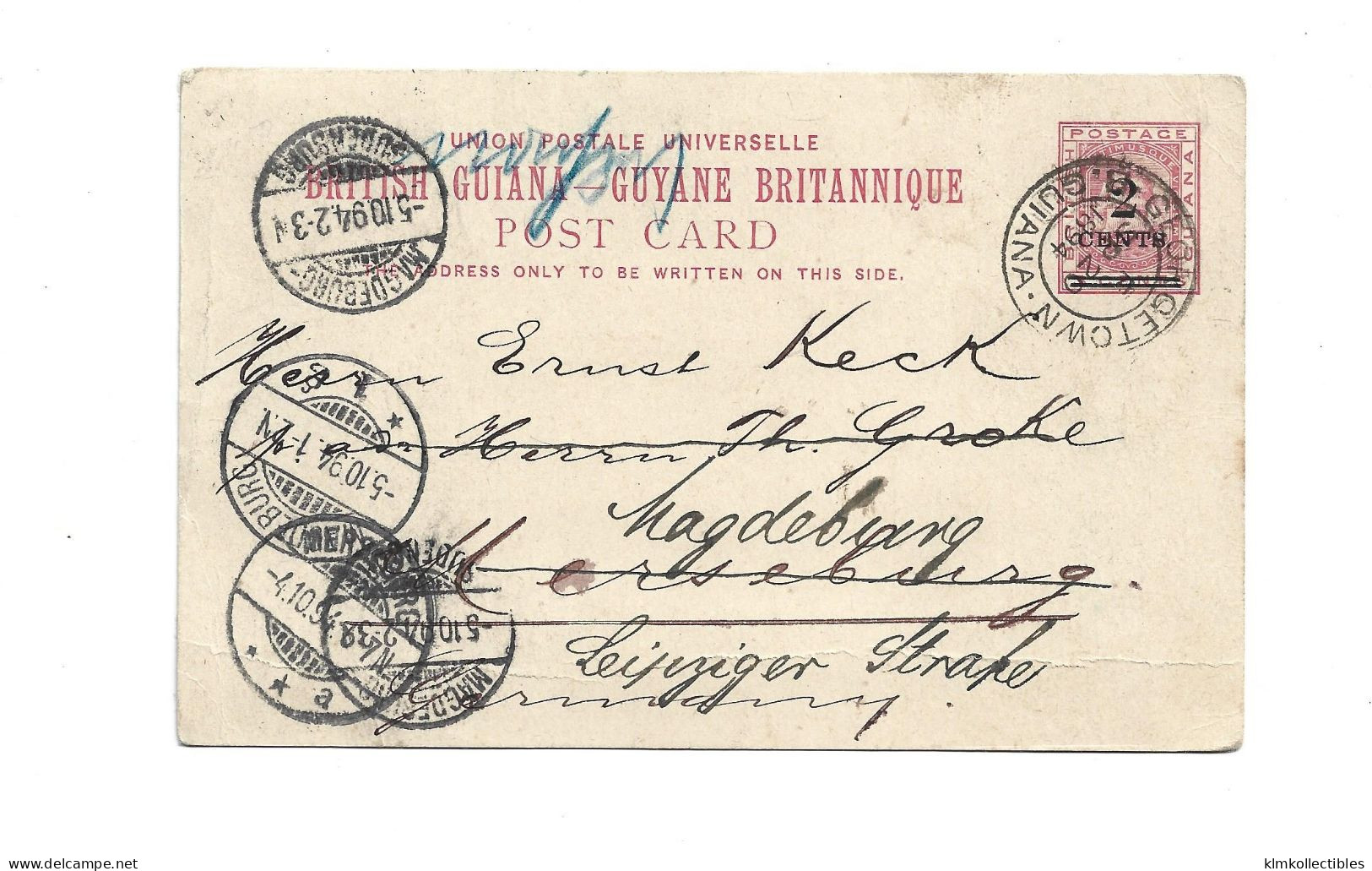 GREAT BRITAIN UNITED KINGDOM ENGLAND COLONIES - BRITISH GUIANA - 1894 OVPT STATIONERY TO GERMANY VIA LONDON REDIRECTED - Guyane Britannique (...-1966)