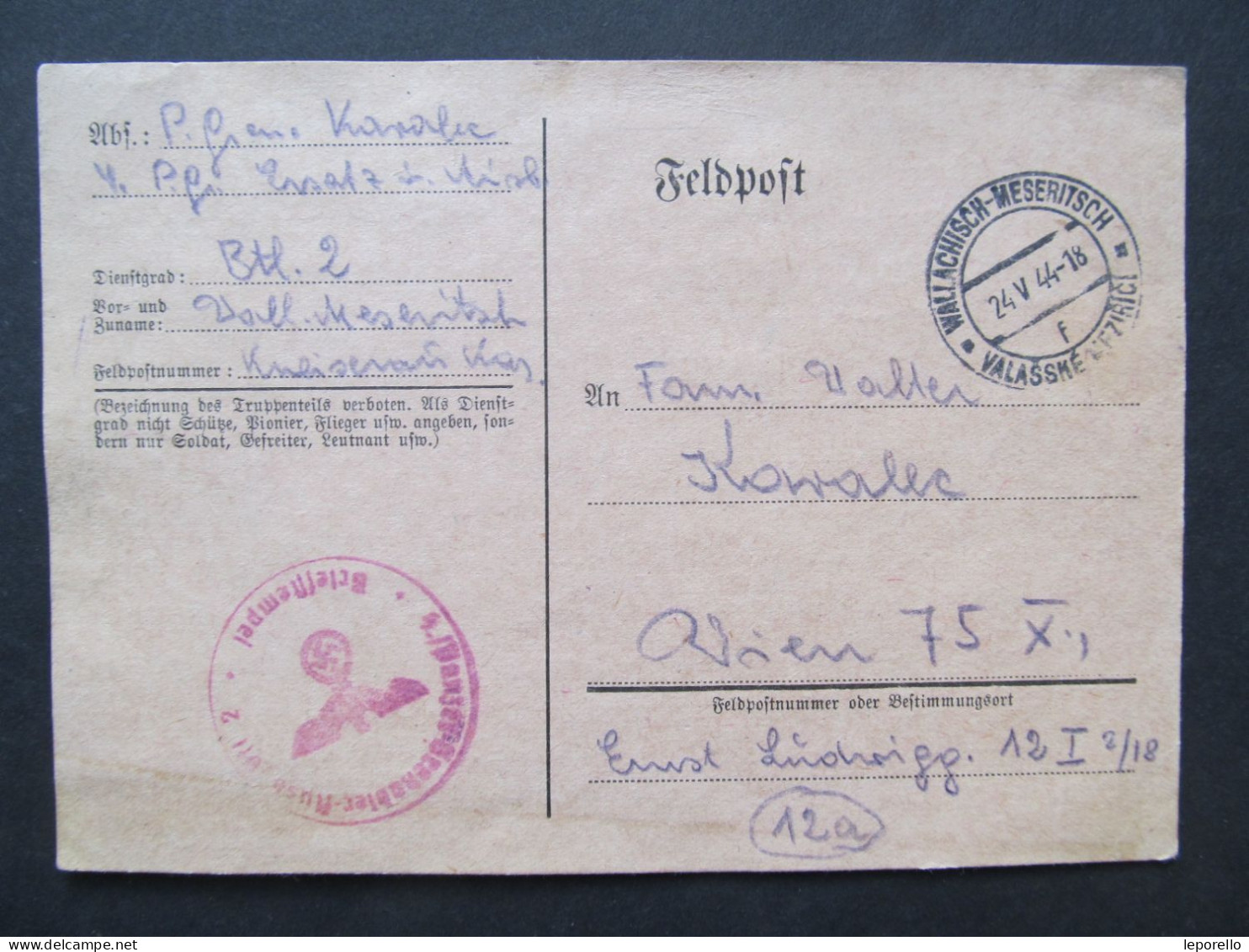 KARTE Valašské Meziříčí - Wien 1944 Deutsche Dienstpost  //// P2074 - Covers & Documents