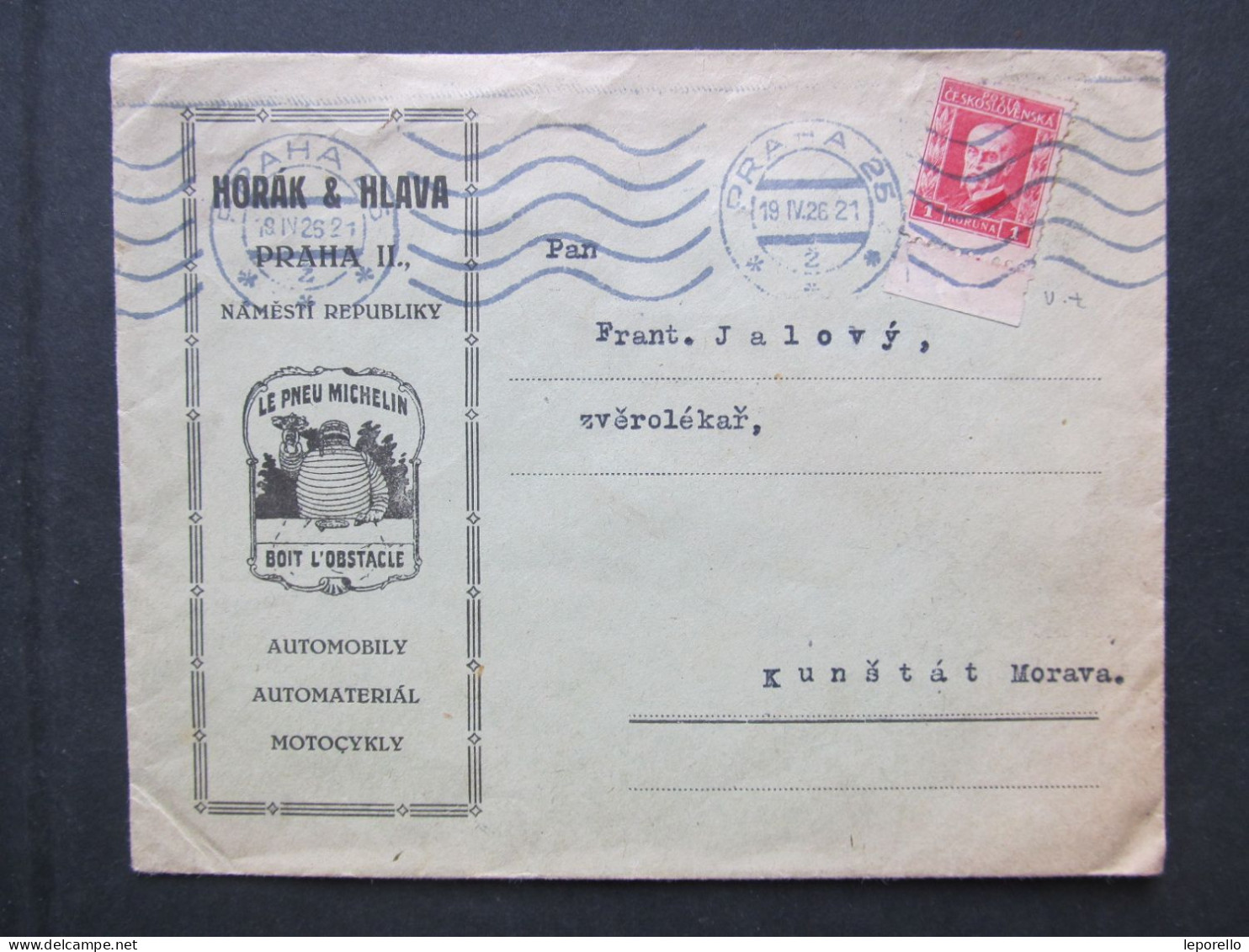 BRIEF Praha - Kunštát Horák + Hlava Michelin Pneu Auto 1926  //// P2061 - Briefe U. Dokumente