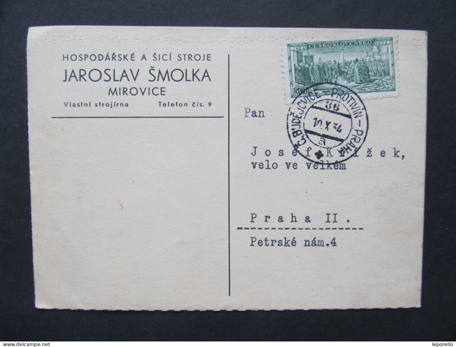 KARTE Mirovice České Budějovice - Protivín 1934 Praha Šmolka  Bahnpost Zugstempel  //// P2052 - Lettres & Documents