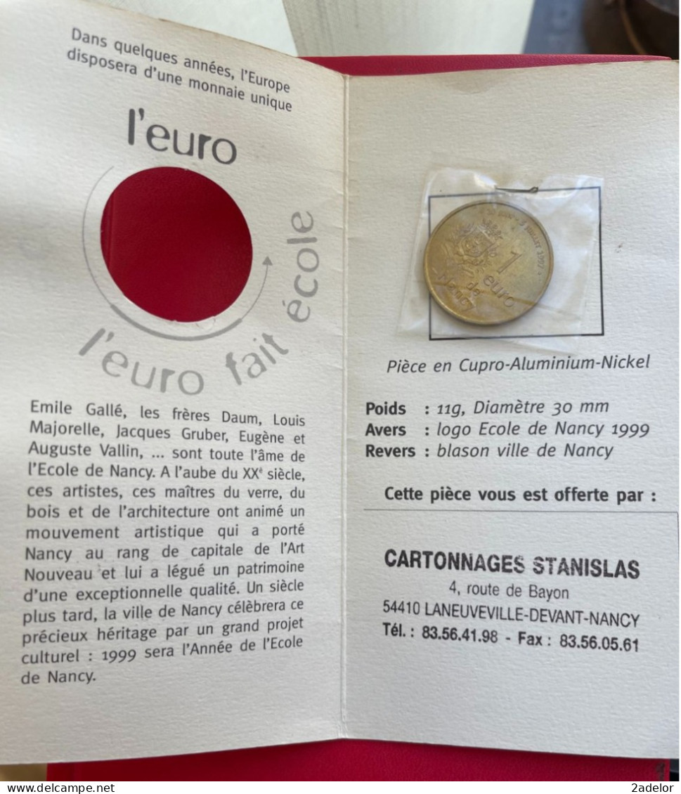 Belle Monnaie 1 Euro De Nancy, Sous Carton D'origine "NANCY L'Euro Fait L'école" 1999 - Andere & Zonder Classificatie