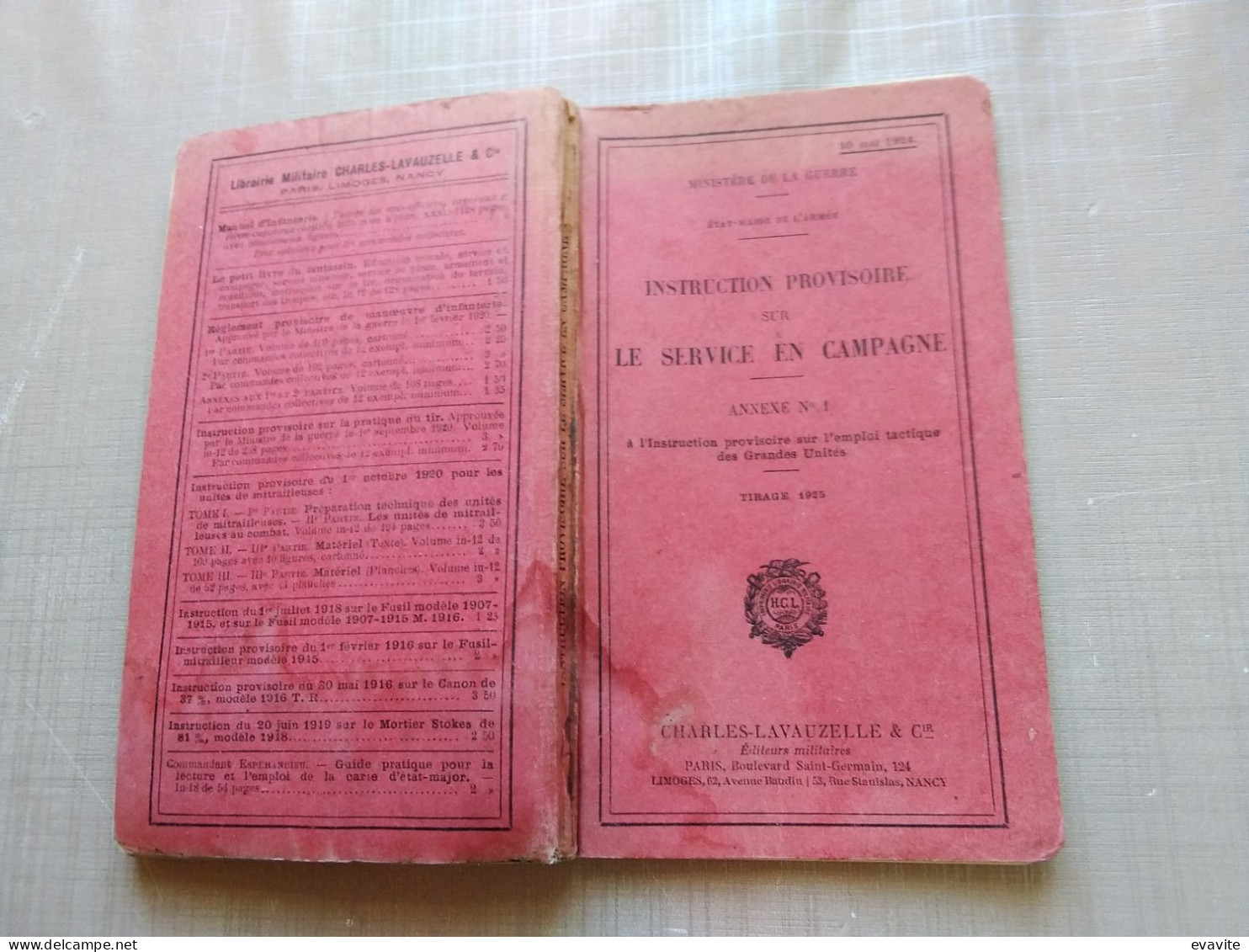 1924 - Ministère De La Guerre - Instruction Provisoire Sur LE SERVICE EN CAMPAGNE Annexe N° 1 - Französisch