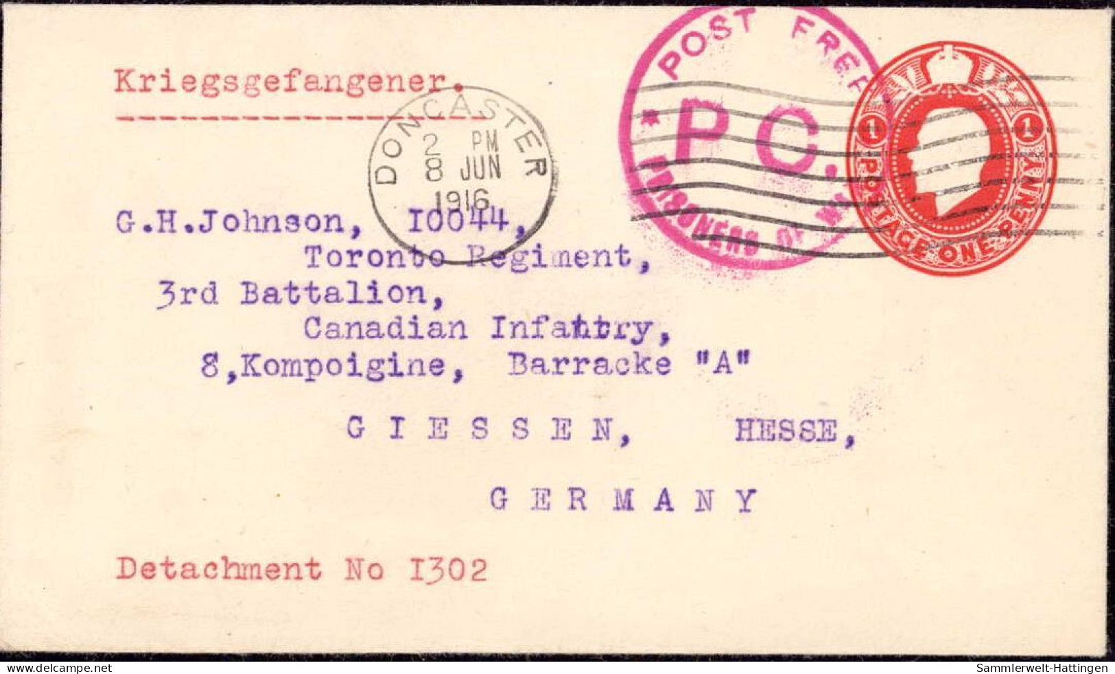 603951 | Canada, Toronto, Kriegsgefangenenpost POW Aus Doncaster In Das Lager, Censor | Gießen (W 6300) - Lettres & Documents