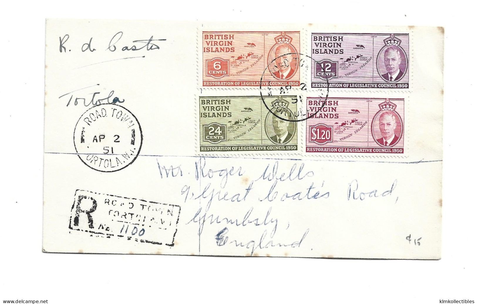 GREAT BRITAIN UNITED KINGDOM ENGLAND COLONIES - BRITISH VIRGIN ISLANDS - 1951 FUL SET ON REGISTERED COVER TO ENGLAND - British Virgin Islands