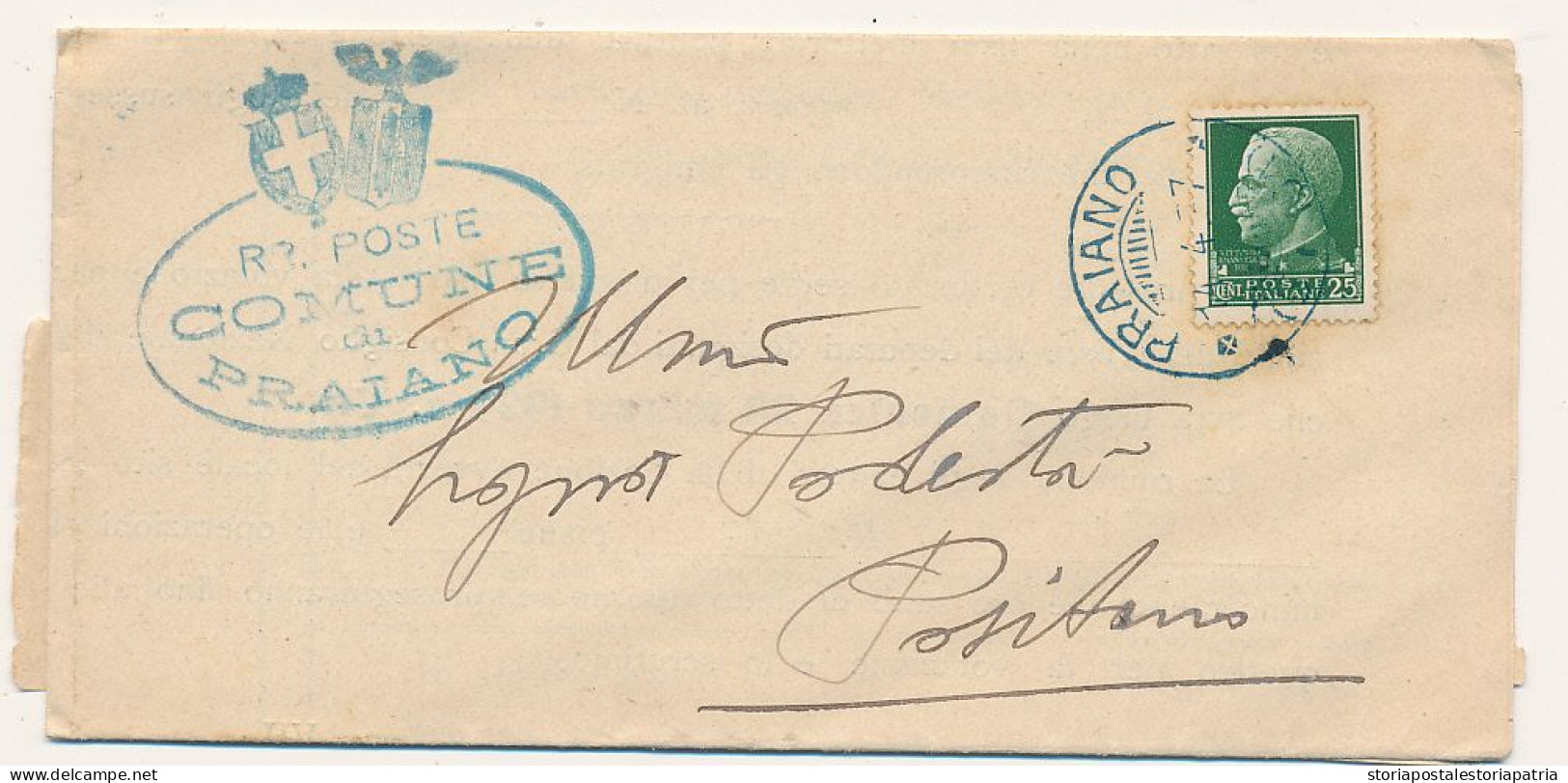 1937 PRAIANO DOPPIO CERCHIO FRAZIONARIO IN AZZURRO X POSITANO DOPPIO CERCHIO FRAZIONARIO AL VERSO - Storia Postale