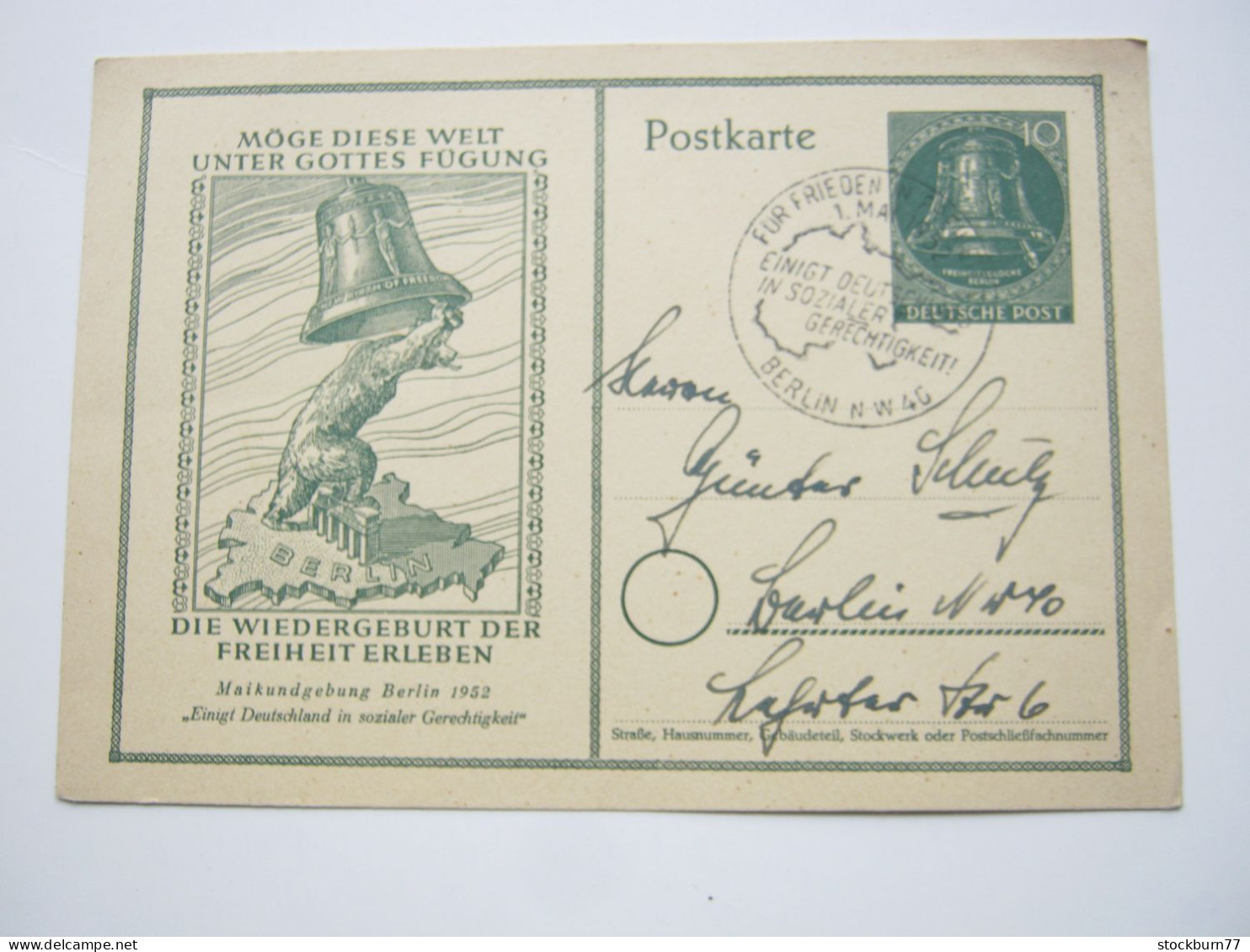 BERLIN , 1952 , 10 Pfg. Glocke , Freiheit , Ganzsache Mit Sonderstempel - Postkaarten - Gebruikt