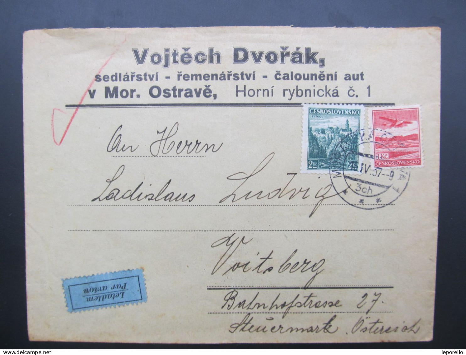 BRIEF Ostrava - Voitsberg 1937 Letecký Flugpost Dvořák Sedlářství //// P4660 - Lettres & Documents