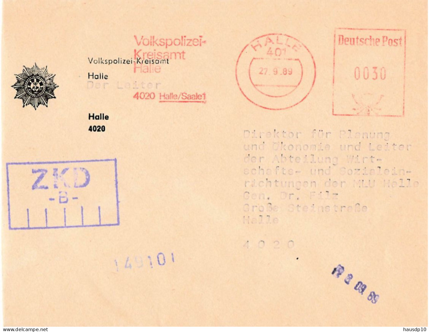 DDR Brief ZKD B Afs Volkspolizei Kreisamt Halle 1989 - Central Mail Service