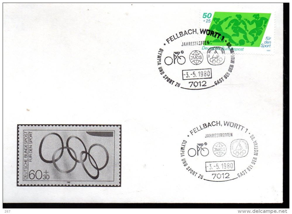 ALLEMAGNE  Lettre  1er Jour Fellbach Wurtt 1   Jo 1980  Cyclisme  Football - Ciclismo