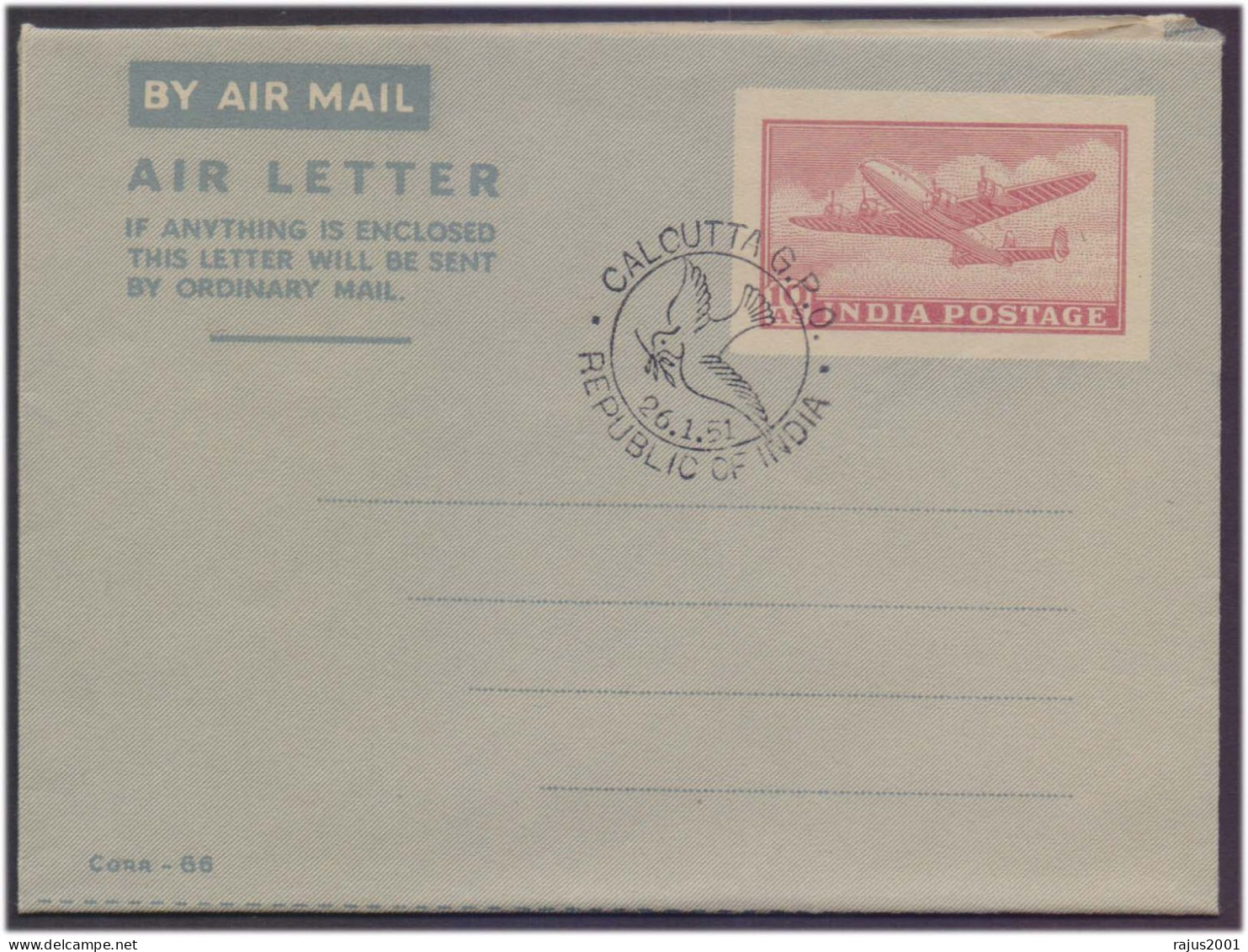 First Anniversary Of India's Republic Was Celebrated On January 26, 1951, Republic Of India Aerogramme Air Letter 1951 - Storia Postale