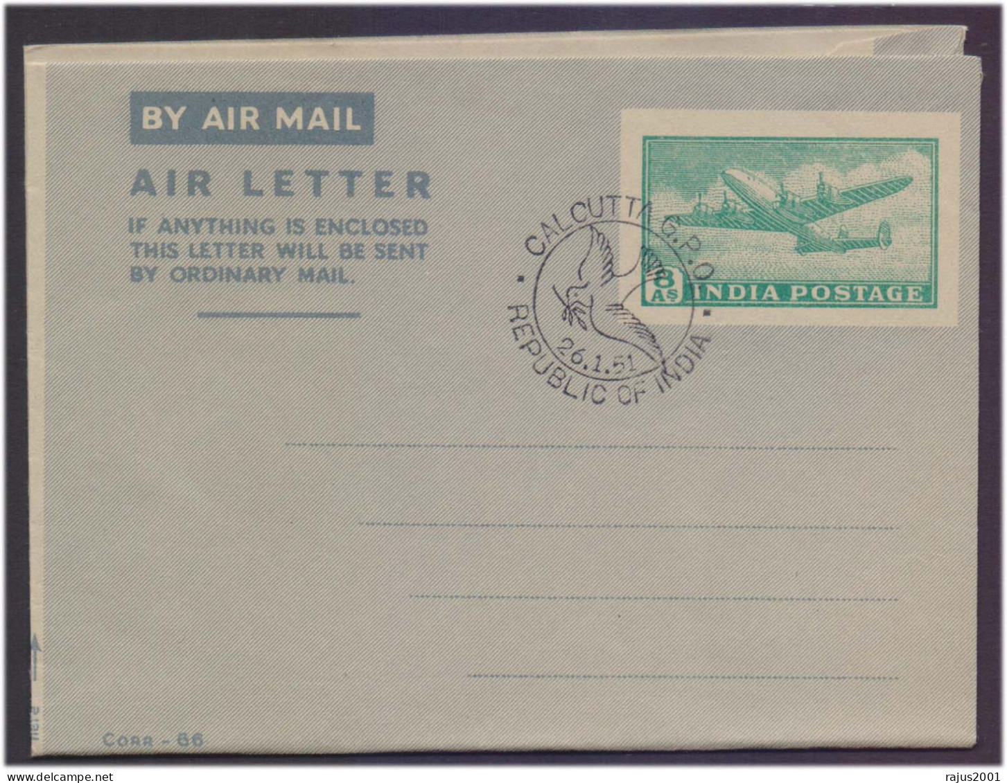 First Anniversary Of India's Republic Was Celebrated On January 26, 1951, Republic Of India Aerogramme Air Letter 1951 - Lettres & Documents