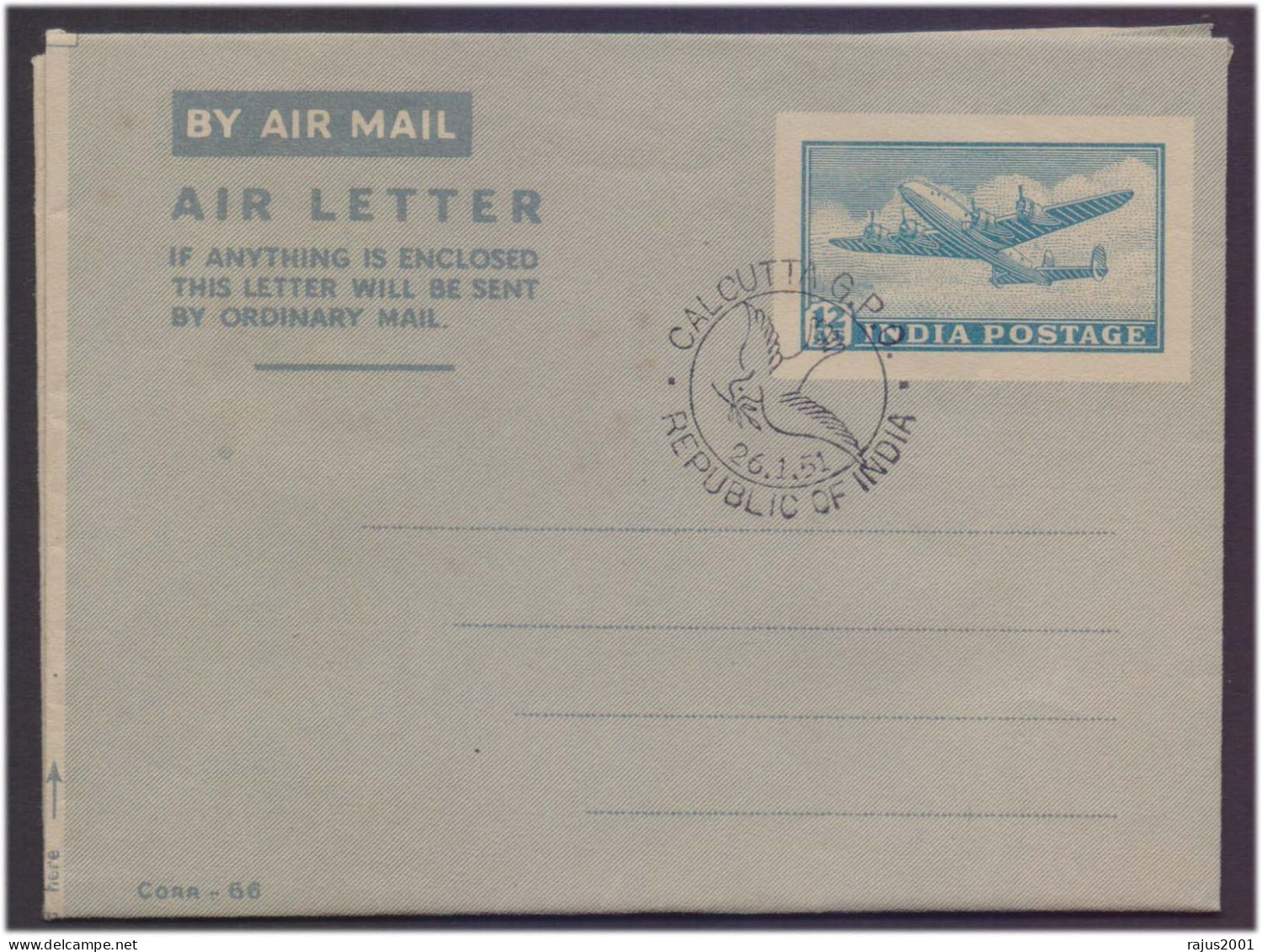 First Anniversary Of India's Republic Was Celebrated On January 26, 1951, Republic Of India Aerogramme Air Letter 1951 - Lettres & Documents