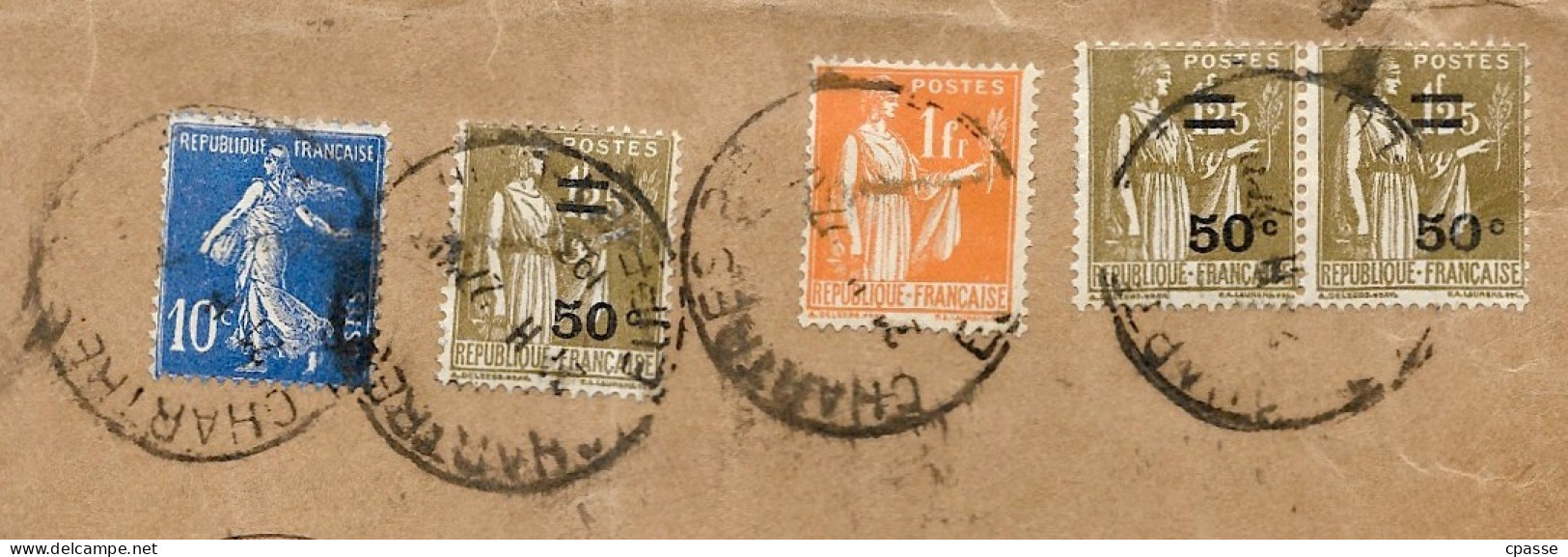 Fragment Affranchissement Composé, Timbre Type PAIX N° 286 + 298 + Paire Du 298 YT + Semeuse 279 YT Déposé Chartres - 1932-39 Peace