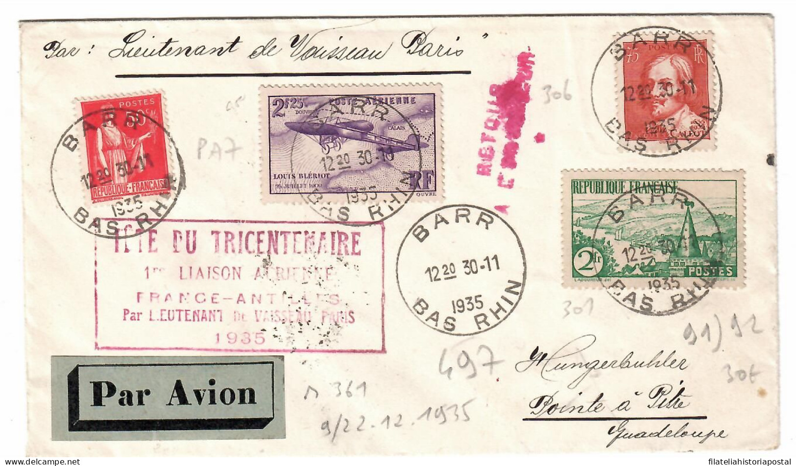 2514 FRANCE FRANCIA FRANCAISE BARR 1935 LIASION AERIENNE FRANCE ANTILLES AIR MAIL  AVION BORDEAUX GUADELOUPE - Covers & Documents