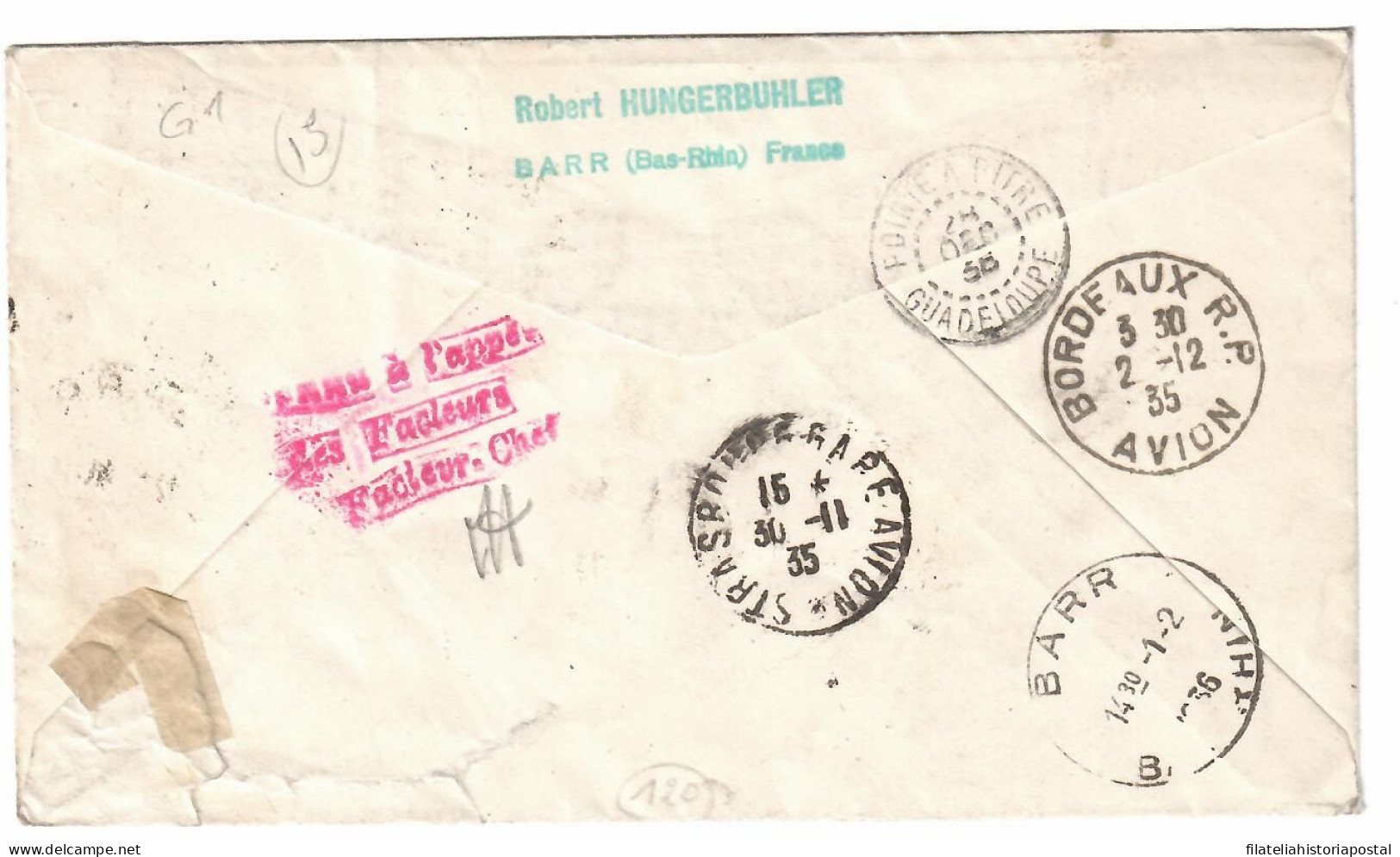 2514 FRANCE FRANCIA FRANCAISE BARR 1935 LIASION AERIENNE FRANCE ANTILLES AIR MAIL  AVION BORDEAUX GUADELOUPE - Covers & Documents