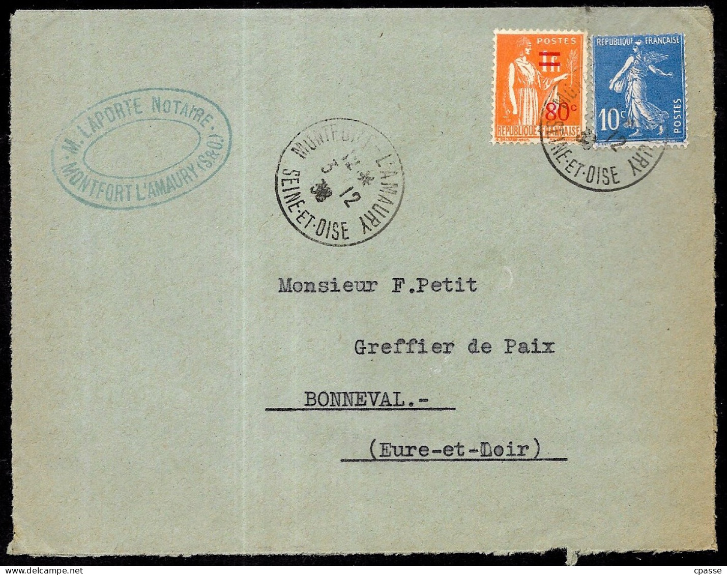 Lettre Affranchissement Composé, Timbre Type PAIX Avec Surcharge N° 359 YT + Semeuse 279 YT Déposée 78 Montfort L'Amaury - 1932-39 Paz
