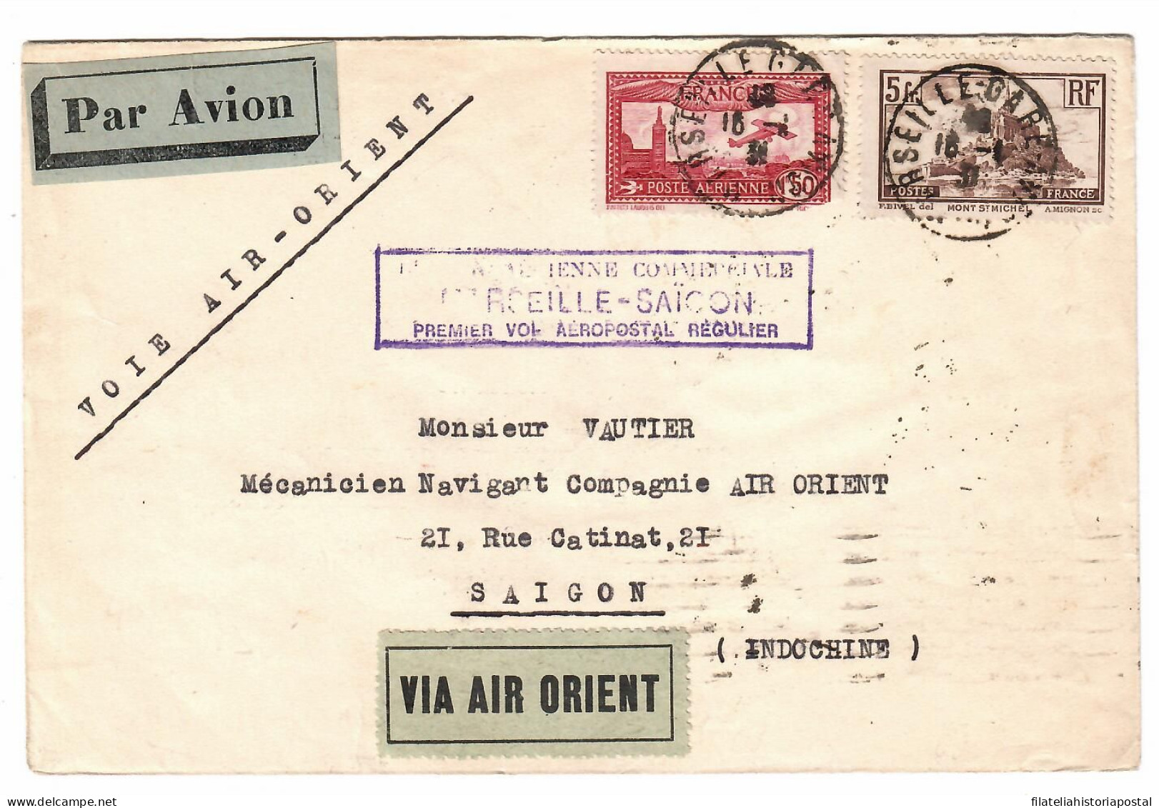 2515 FRANCE FRANCIA FRANCAISE MARSEILLE SAIGON SAIGÖN INDOCHINE AIR MAIL  AVION VIA AIR ORIENT - Covers & Documents