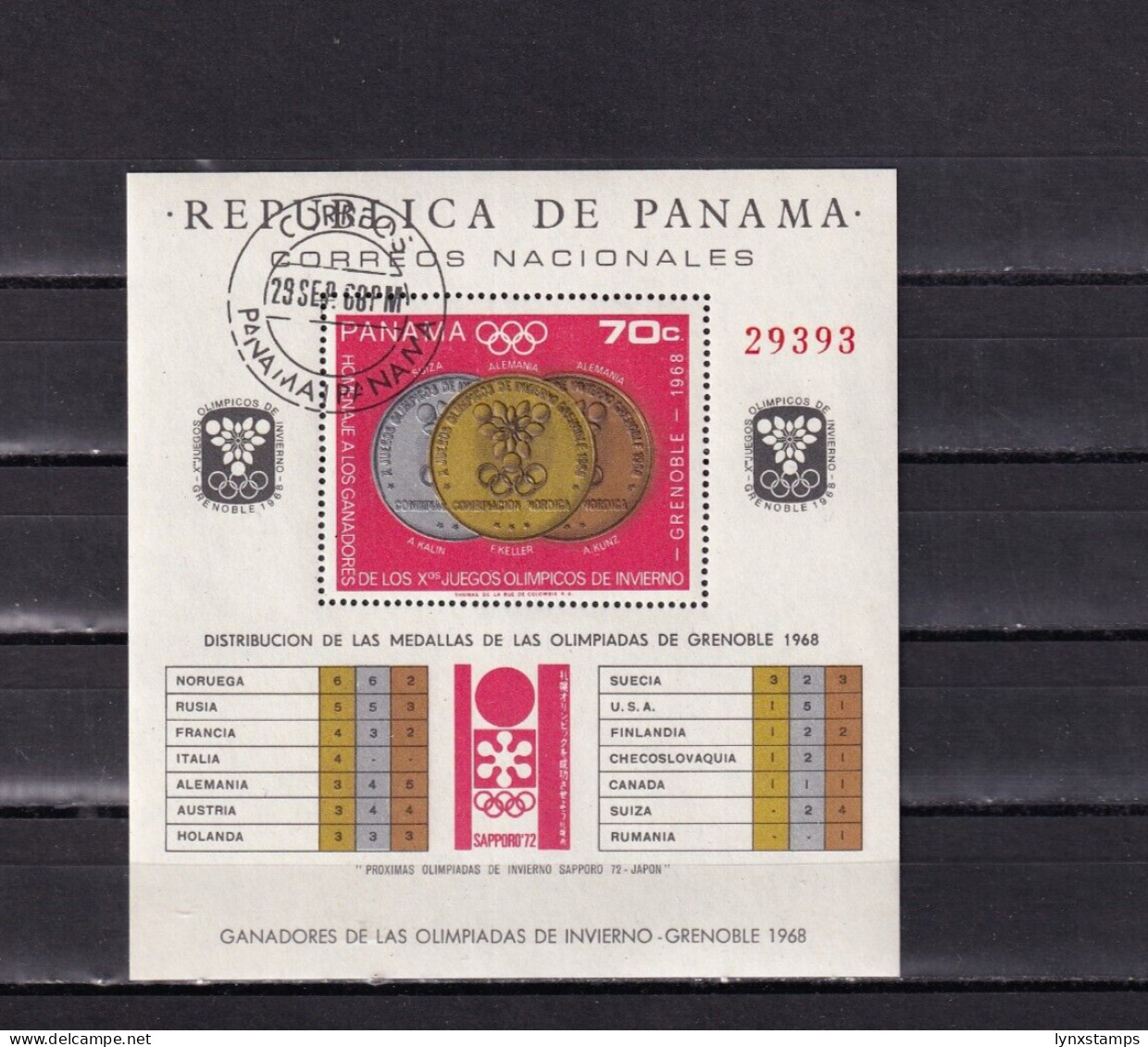 SA03 Panama 1968 Airmail Medal Winners Winter Olympic Games Grenoble Minisheet - Panamá