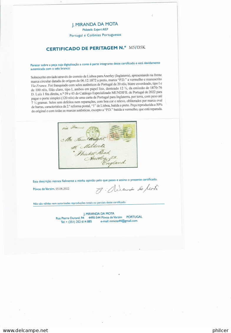 Portugal, 1872, # 39, 43, Para England, Com Certificado - Brieven En Documenten