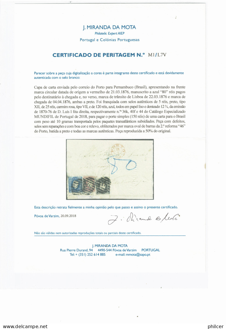 Portugal, 1876, # 36, 40, 44, Para Pernambuco, Com Certificado - Storia Postale