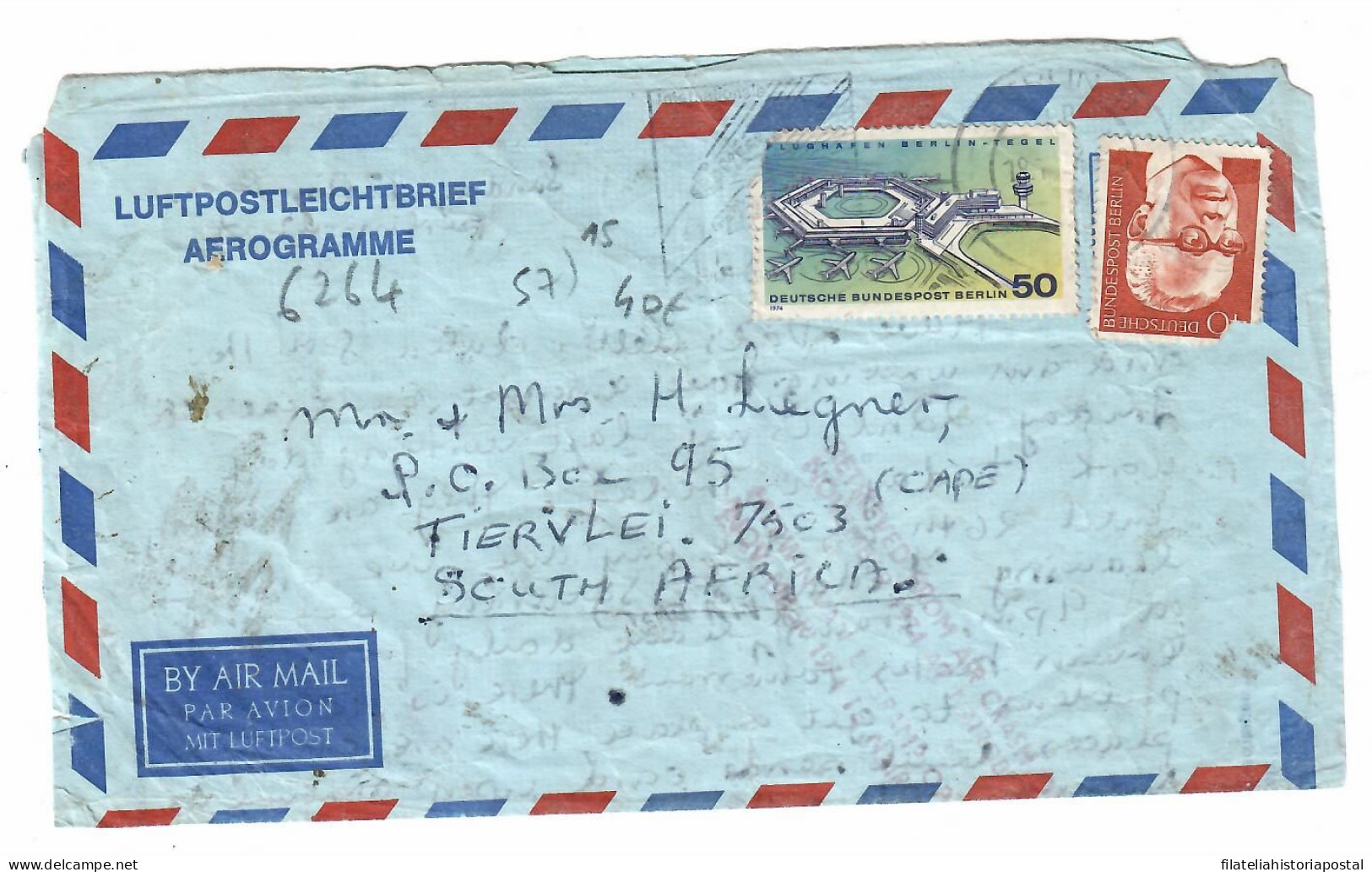 2516 Germany Deutschland ALLEMAGNE 1974 BERLIN TIERVLEI SOUTH AFRICA FRANKFURT AIR MAIL FLIGHT AIRPLANE CRASH ACCIDENT - Lettres & Documents