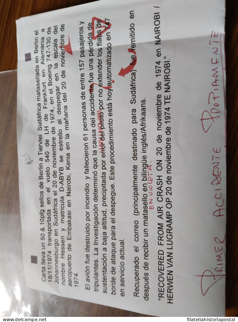 2516 Germany Deutschland ALLEMAGNE 1974 BERLIN TIERVLEI SOUTH AFRICA FRANKFURT AIR MAIL FLIGHT AIRPLANE CRASH ACCIDENT - Cartas & Documentos