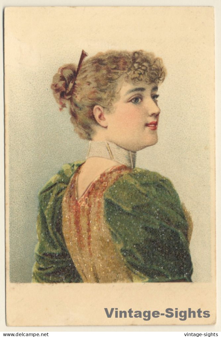 Elegant Blonde Female In Fancy Dress*2 (Vintage Glitter PC 1900) - Moda