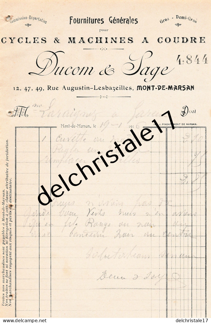 40 0240 MONT DE MARSAN LANDES 1916 Fournitures Machines à Coudre & Cycles DUCOM & SAGE Succ à LARAIGNEZ - Auto's