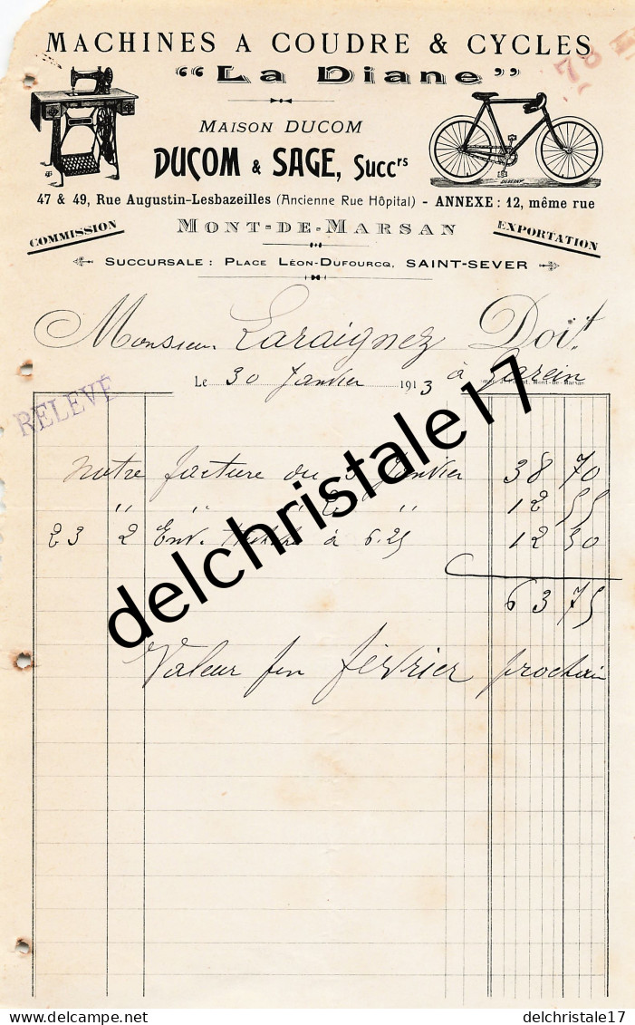 40 0234 MONT DE MARSAN LANDES 1913 Machines à Coudre & Cycles LA DIANE Maison DUCOM & SAGE Succ à LARAIGNEZ - Auto's
