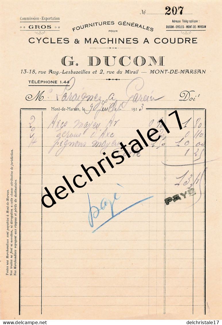 40 0242 MONT DE MARSAN LANDES 1913 Fournitures Machines à Coudre & Cycles G. DUCOM Rue Du Mirail à LARAIGNEZ - Automobile