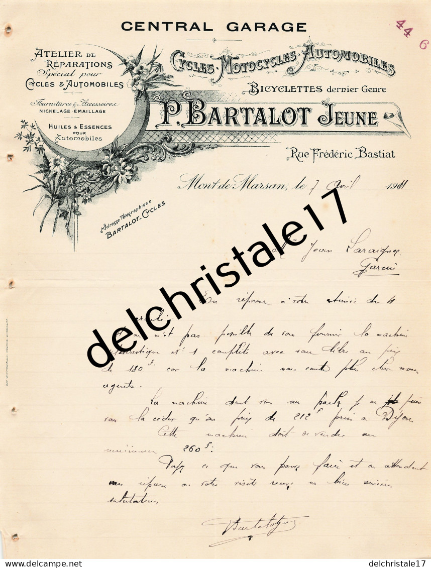 40 0224 MONT DE MARSAN LANDES 1911 Ateliers Réparations Cycles Motocycles Automobiles BARTHALOT Rue Bastiat à LARAIGNEZ - Automobile