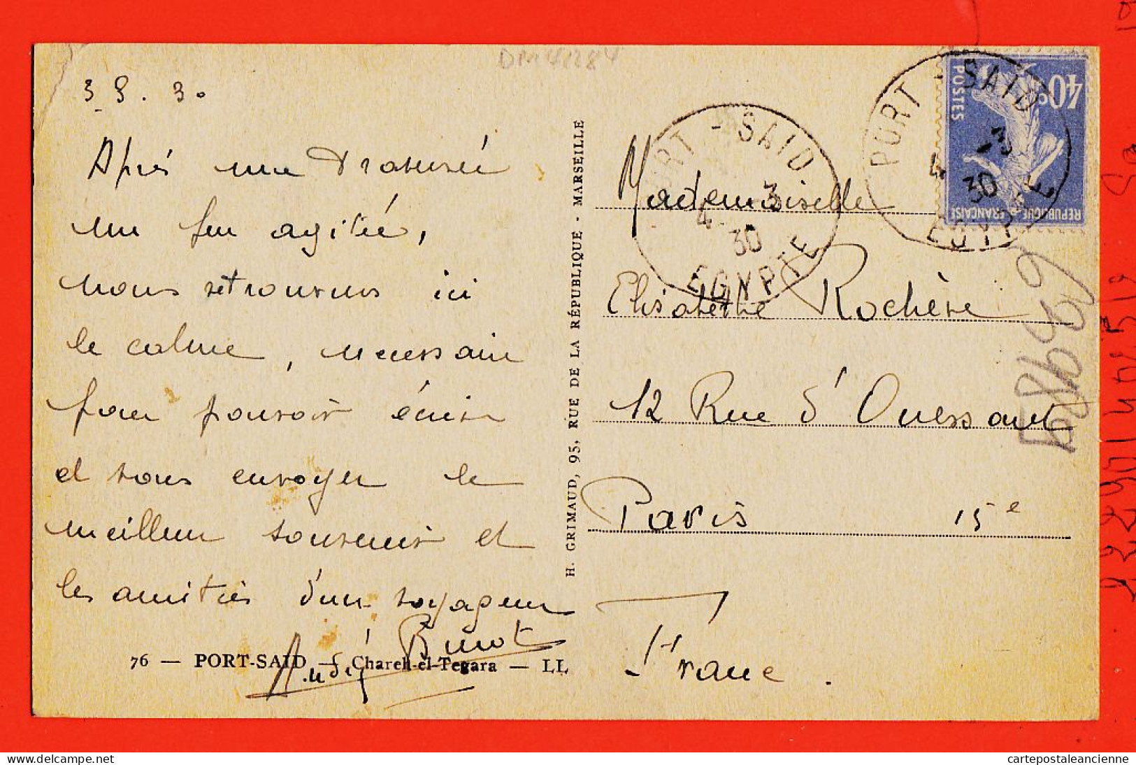 33861 / ⭐ PORT-SAID Tramway Rue CHAREH-el-TEGARA Cigarettes Magasin SLAVICK LEVERANCIER 1930 André BUIOT à ROCHENE Paris - Port Said