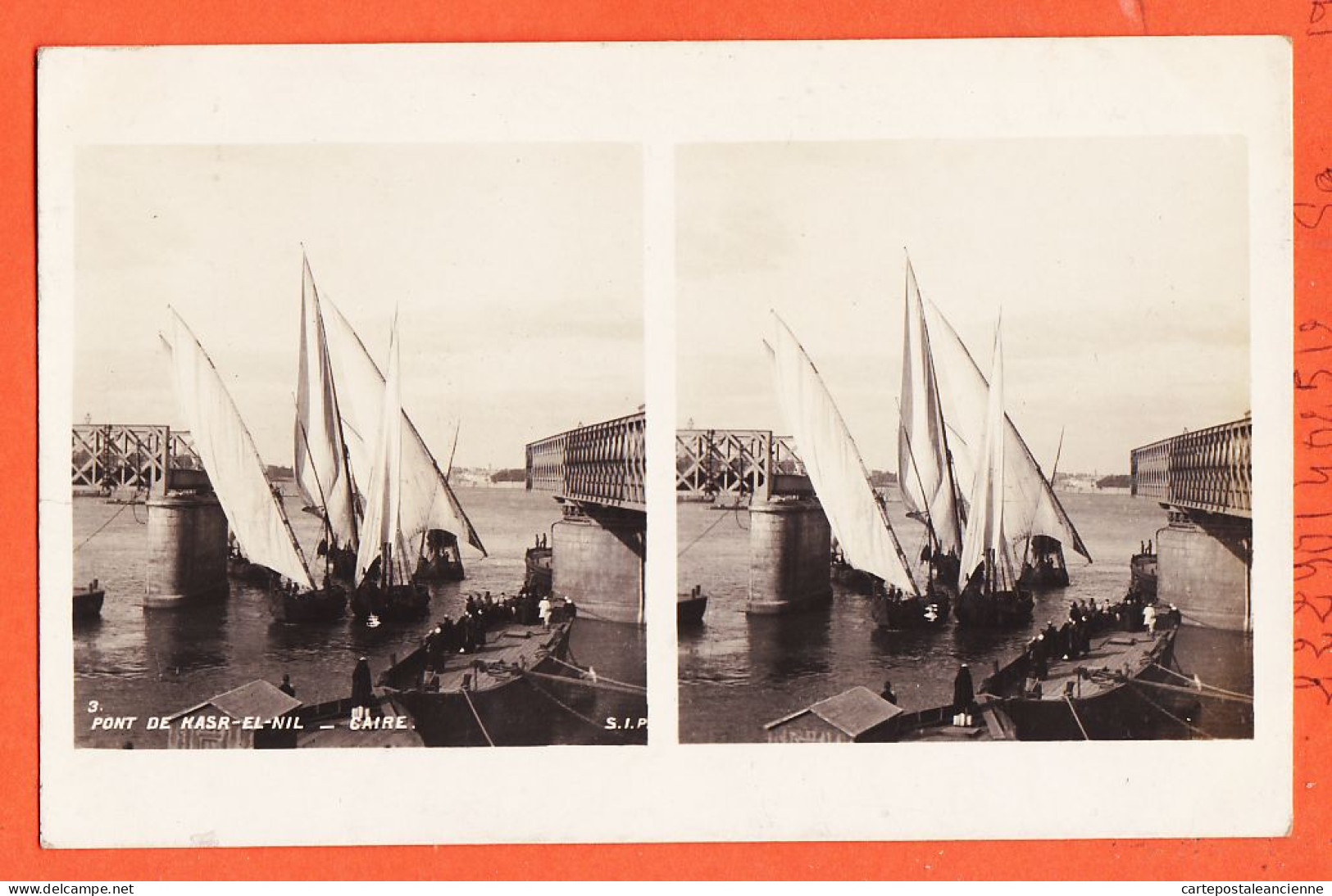 33850 / ⭐ ♥️ Stereo-Carte-Photo-Bromure LE CAIRE Passage Felouques Pont KASR-EL-NIL Cairo 1910s S.I.P 3 Egypte Egypt - Cairo