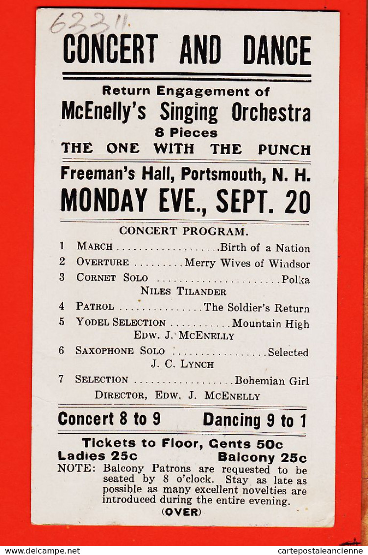 33626 / ⭐ ♥️  PORTSMOUTH N.H Remembert Mc ENELLY'S Orchestra At Freeman's Hall Concert & Ball Monday September 20 - Altri & Non Classificati