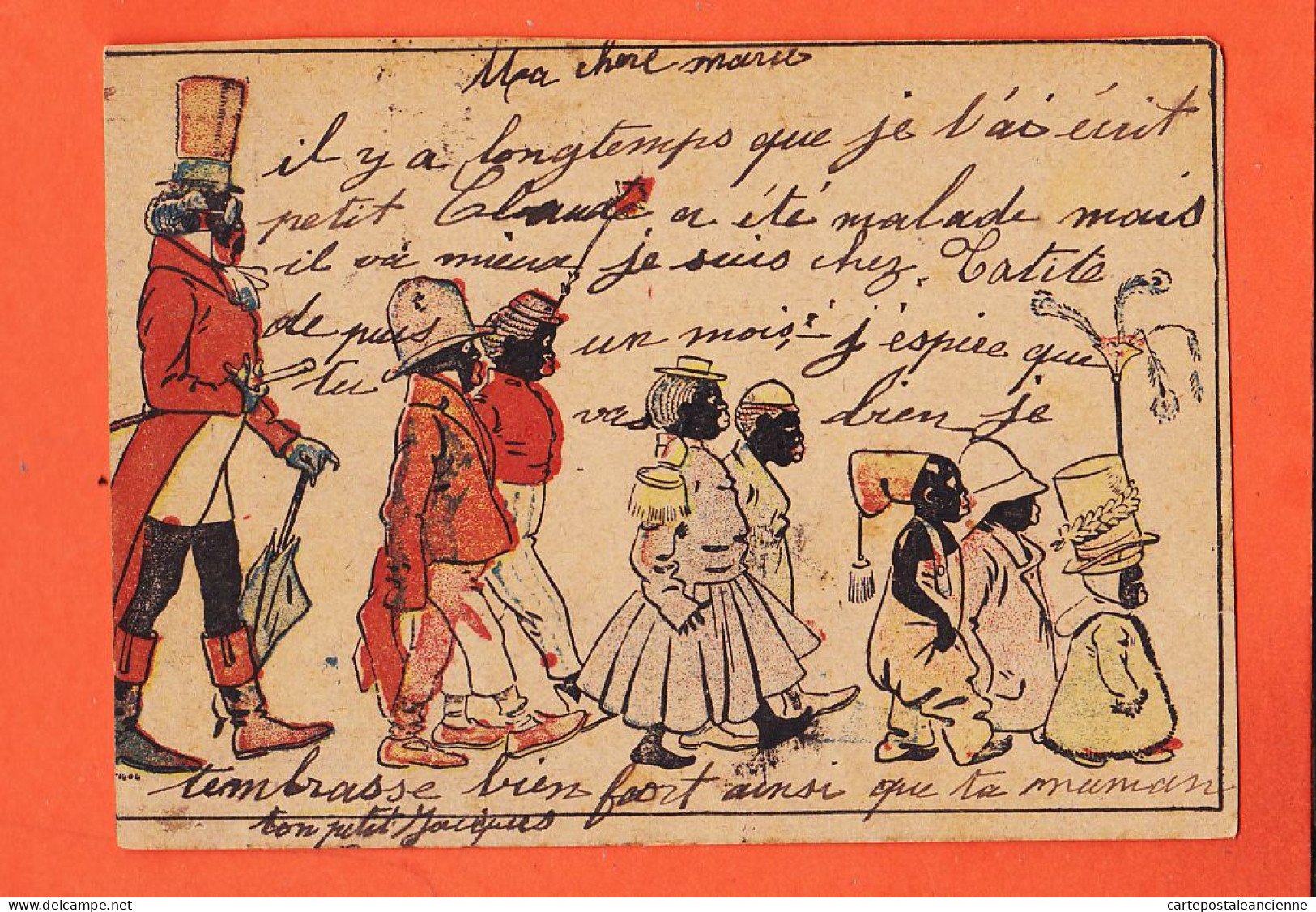 33883 / ⭐ ♥️ Caricature Coloniale Nègre Famille Noire Endimanchée Tampon Tribunal Commerce 1904 à CUSSAC Savigny-Orge   - Vor 1900