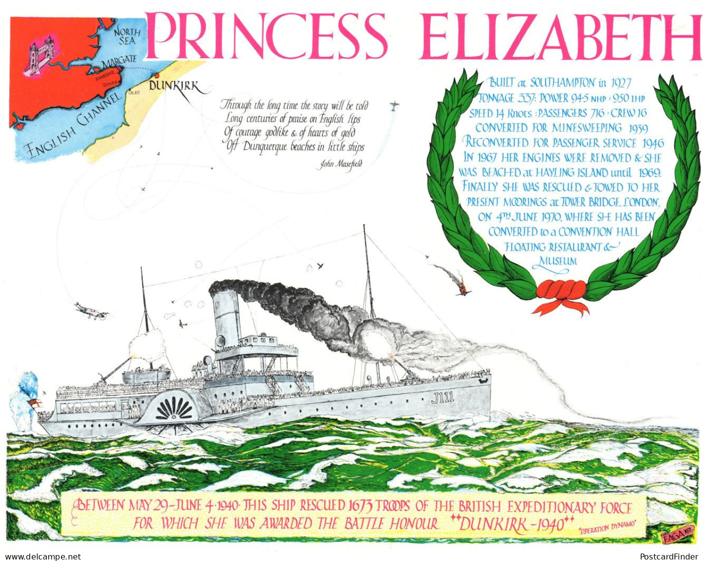 Princess Elizabeth Ship Giant Rare Dunkirk Map Postcard - Ferries