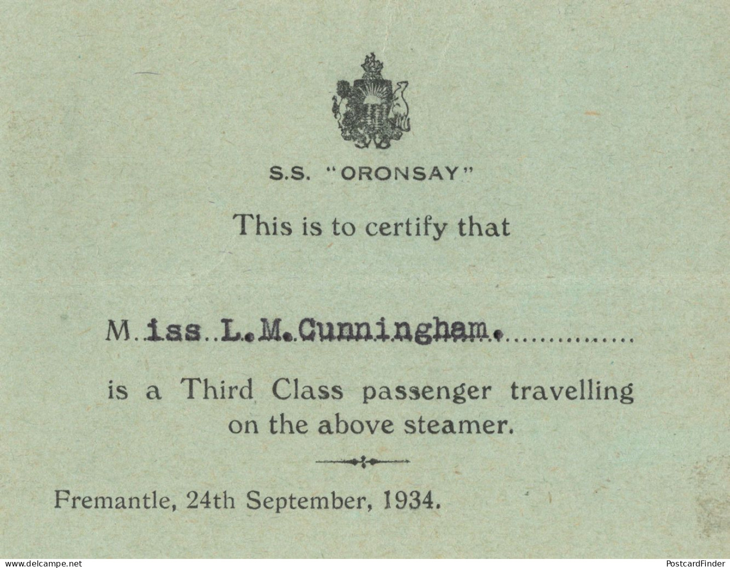 SS Oronsay Ship Vintage 1934 Third Class Passenger Ticket - Sonstige & Ohne Zuordnung