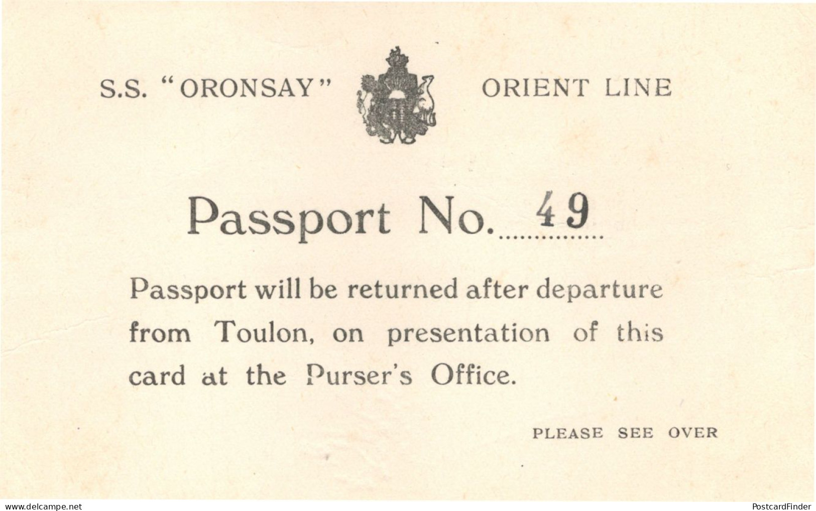SS Oronsay Orient Line 1930s Toulon Naples French Passport Card - Autres & Non Classés