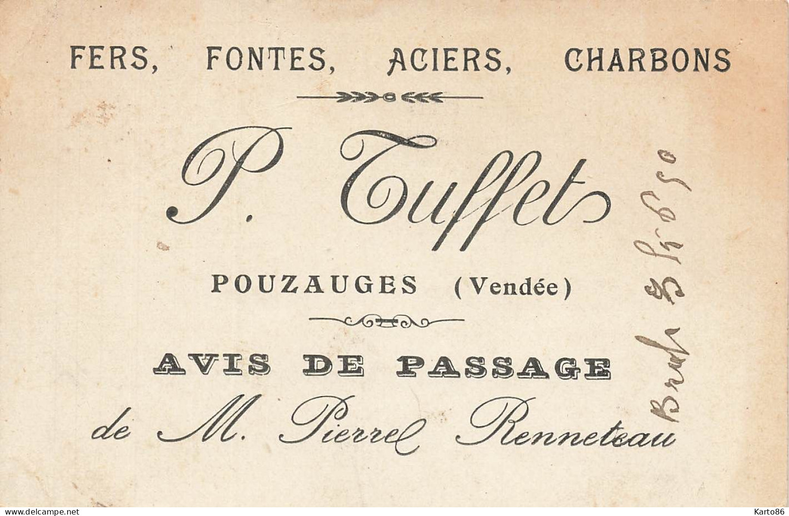 Pouzauges * Fer Fonte Acier Charbon P. TUFFETS * Carte De Visite Ancienne Pour MALLIQUEAU Forgeron Bazoges Paillers - Pouzauges