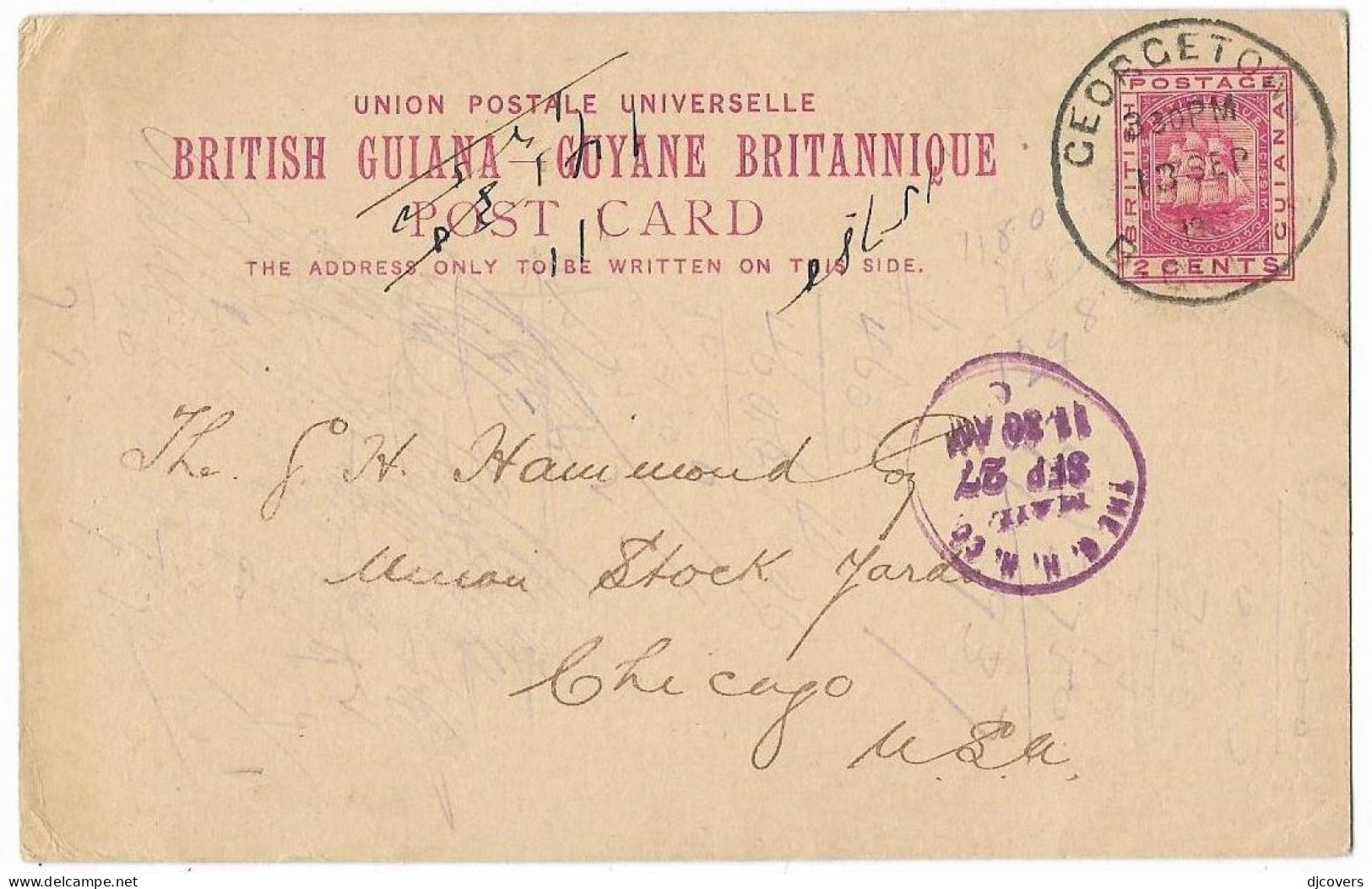 British Guiana 1912 Georgetown Bank Postal Stationery To Chicago 1e.100 - Guayana Británica (...-1966)