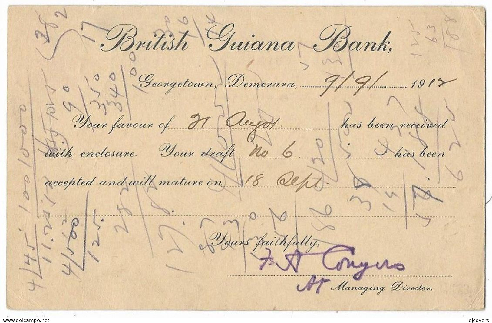 British Guiana 1912 Georgetown Bank Postal Stationery To Chicago 1e.100 - Guayana Británica (...-1966)