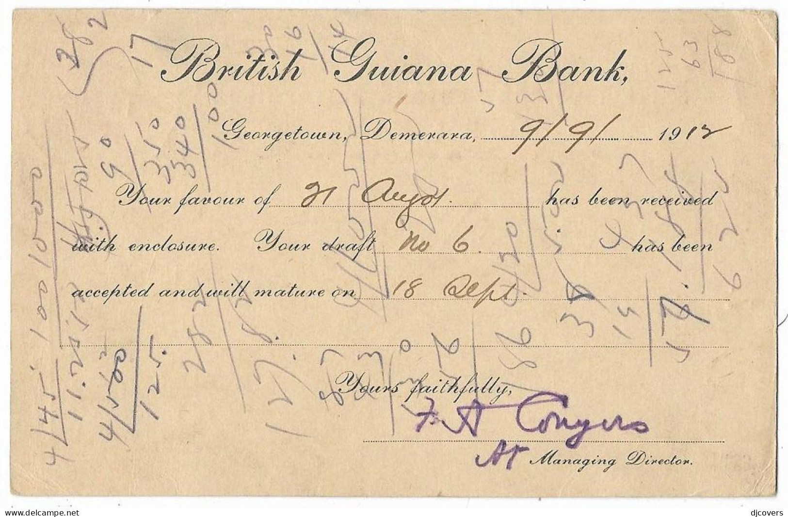 British Guiana 1912 Georgetown Bank Postal Stationery To Chicago 1e.100 - Guyana Britannica (...-1966)