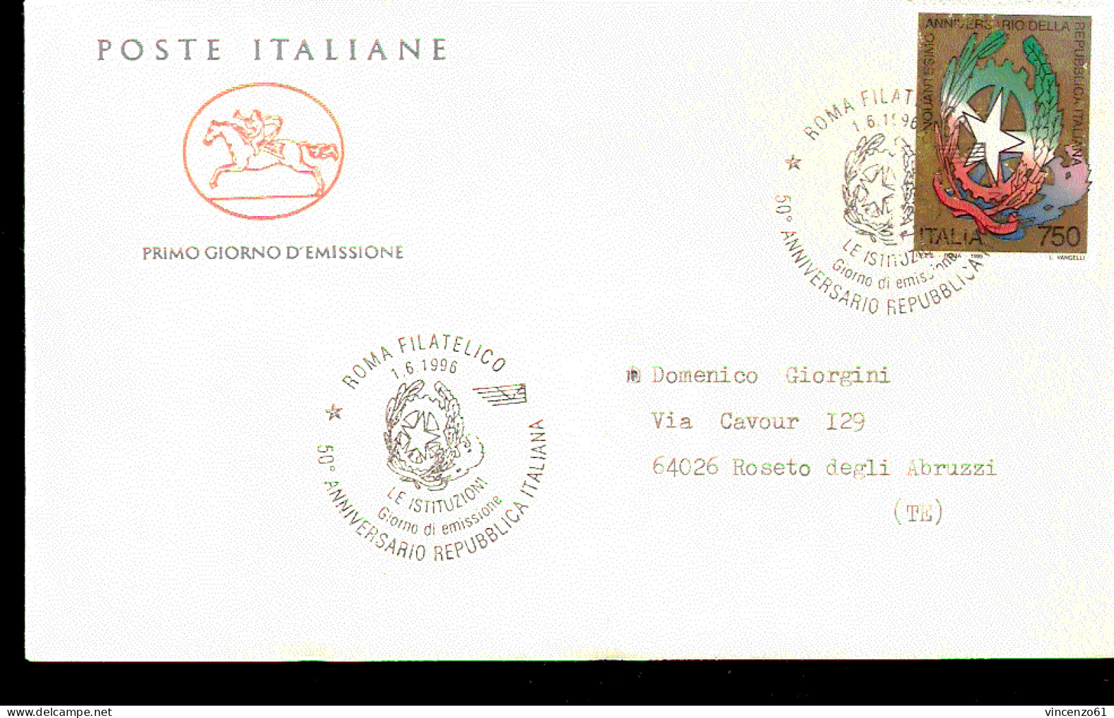 1996 BUSTA CON ANNULLO FDC ``Le Istituzioni’’. 2ª Serie. Cinquantenario Della Repubblica Italiana. - Institutions Européennes