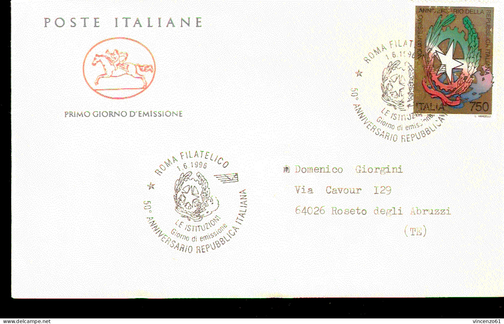 1996 BUSTA CON ANNULLO FDC ``Le Istituzioni’’. 2ª Serie. Cinquantenario Della Repubblica Italiana. - Europese Instellingen