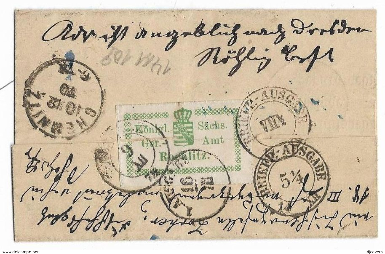 Germany Saxony 1870 Rochlitz Official Label Cover Redirected To Dresden 1e1.15 - Saxe