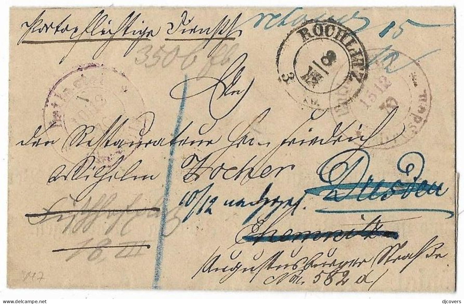 Germany Saxony 1870 Rochlitz Official Label Cover Redirected To Dresden 1e1.15 - Sachsen