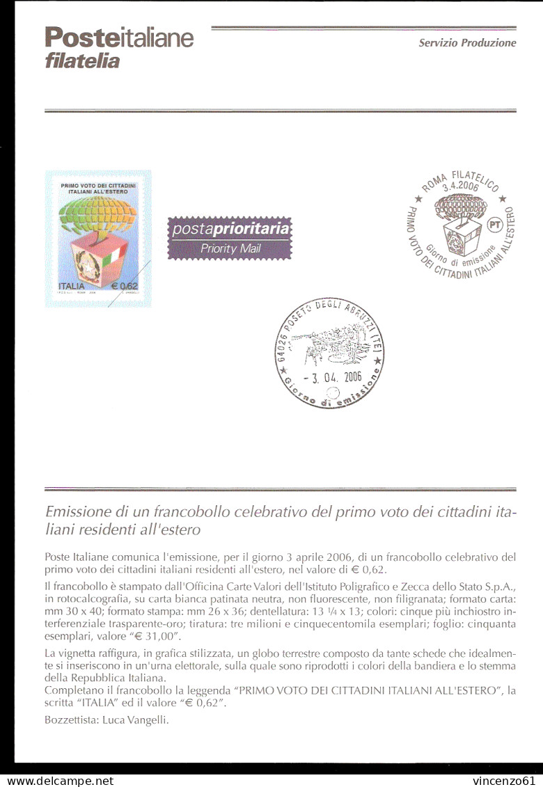 2006 Bollettino Primo Voto Dei Cittadini Italiani All'estero. Posta Prioritaria. - Sonstige & Ohne Zuordnung